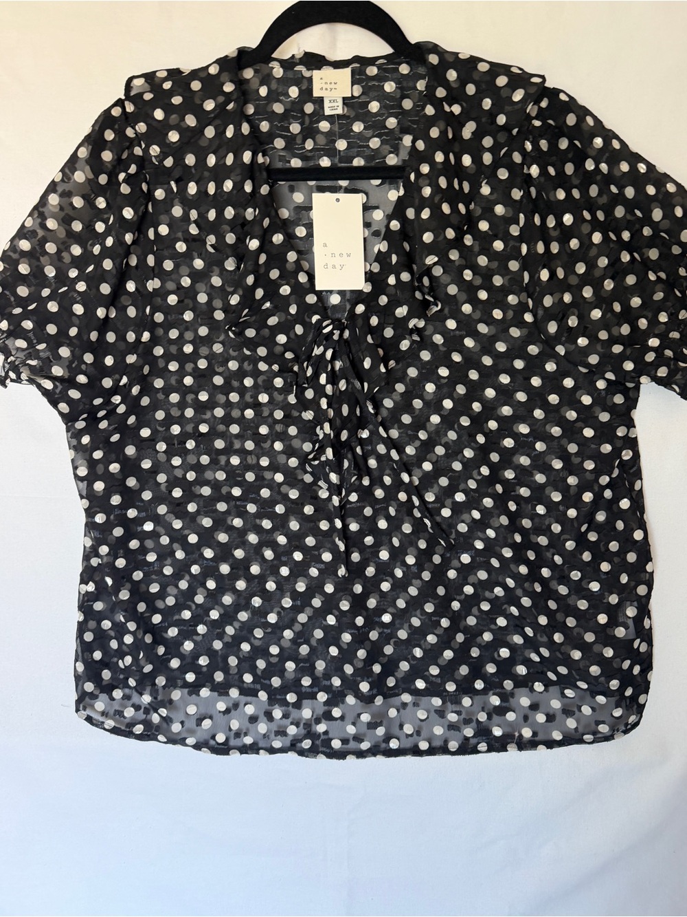 a new day Black Sheer Polka Dot Tie-Neck Blouse